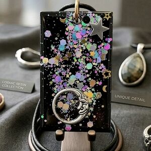 Black Night Galaxy Holographic Sparkly Silver Metal Moon Star Charms Necklace